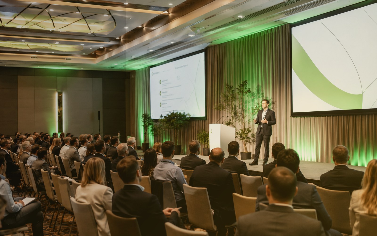 Professional people discussing event space requirements