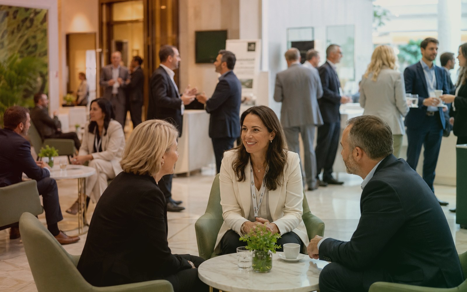 Professional people discussing event space requirements