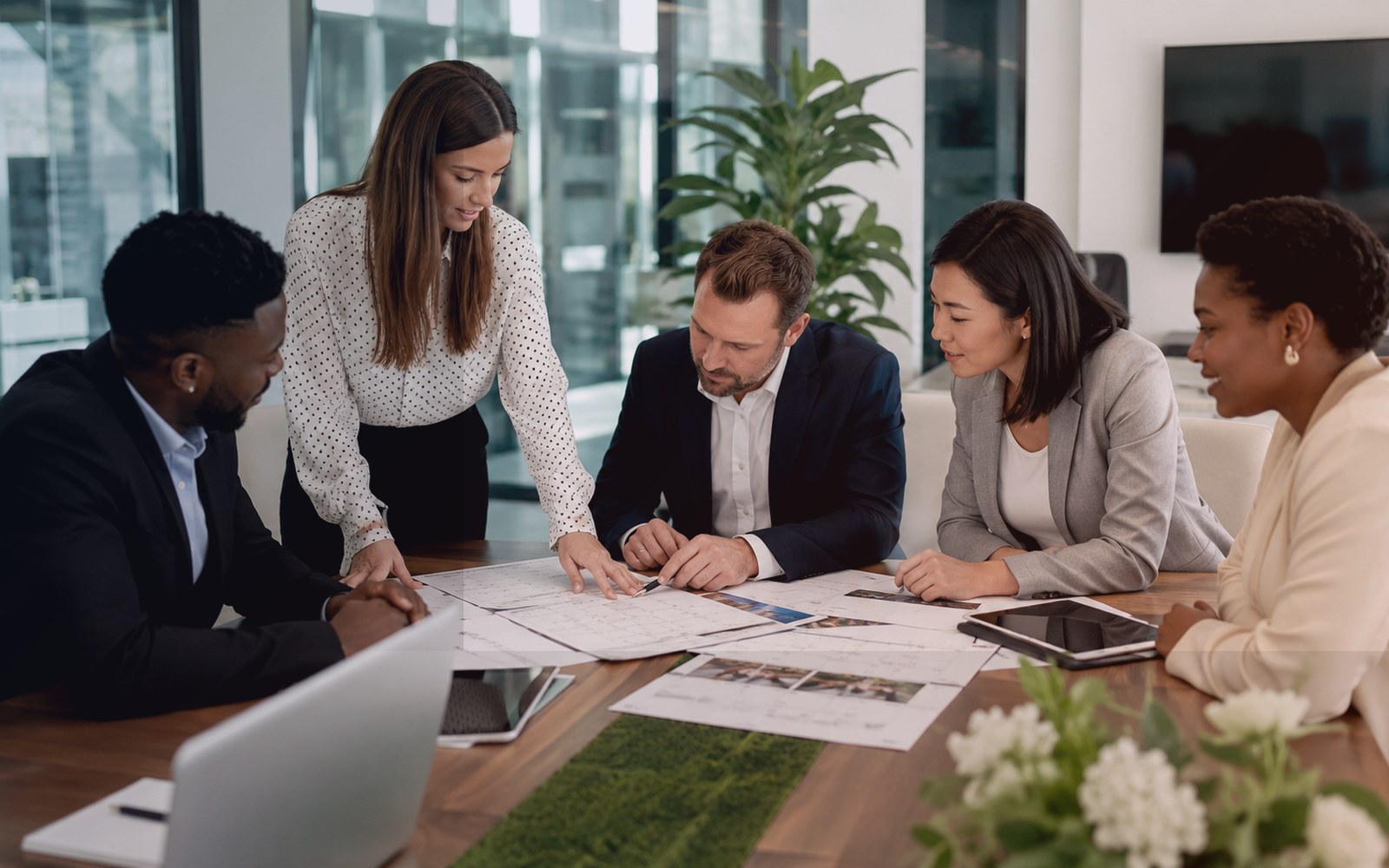 Professionals talking in a lounge area