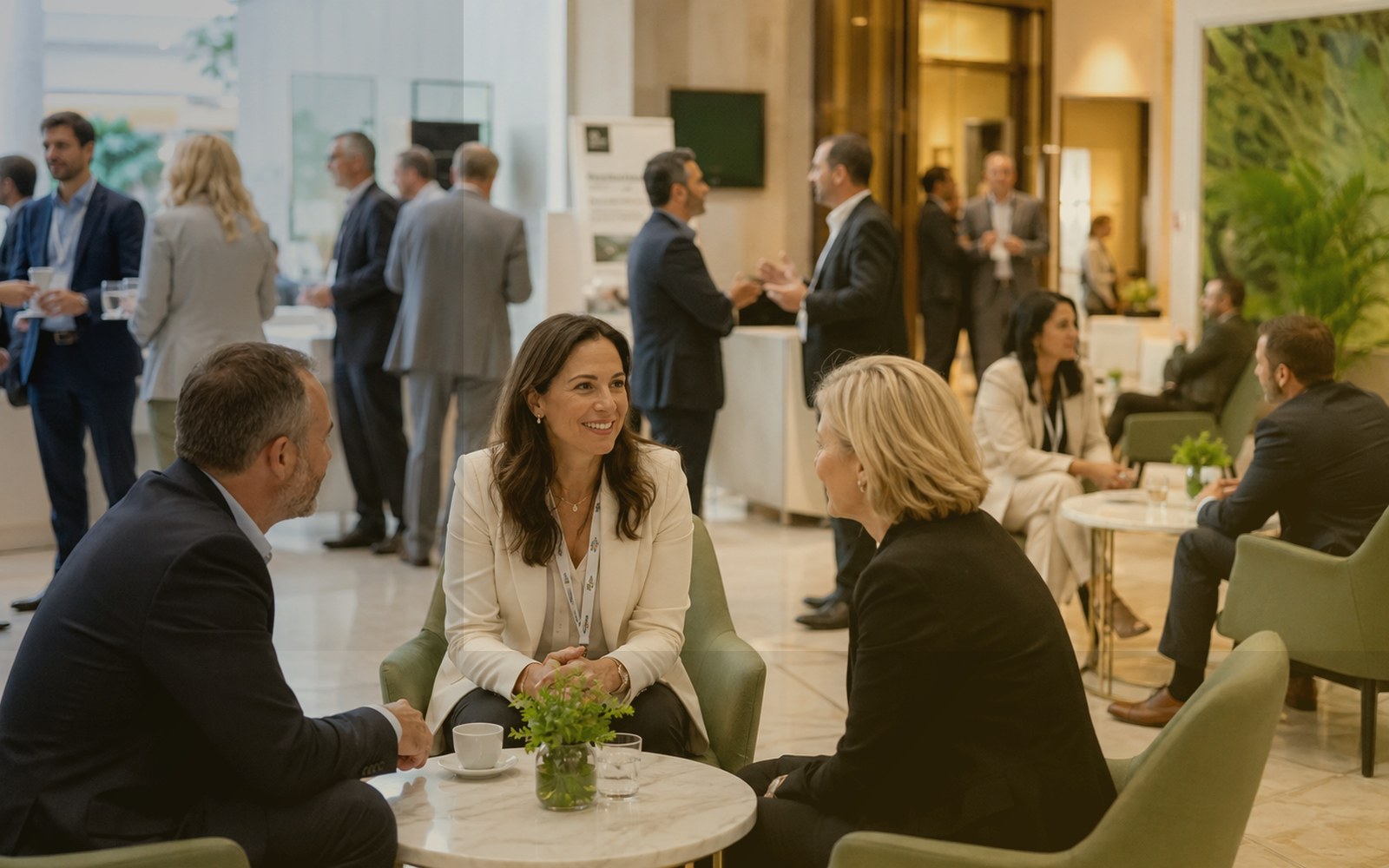 Professional people discussing event space requirements